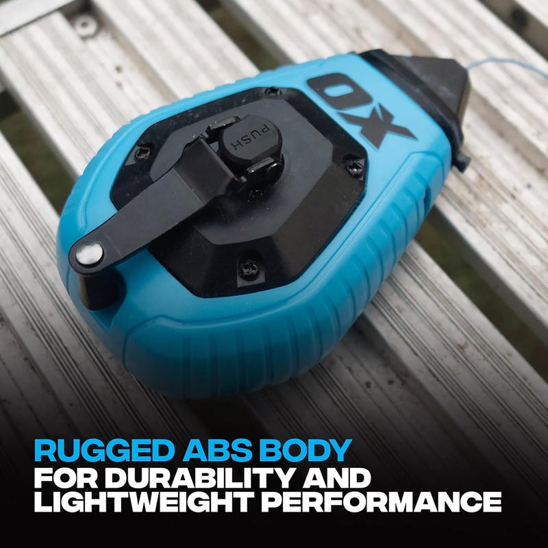 Ox Pro 100ft Contractor Chalk Line with Blue Chalk Powder 4oz - Quick-Wind Cotton Nylon Basic Bold Line Marking Tool in Pointed Tip ABS Plastic - 3:1 Gear Ratio Chalk Reel Tool -T630601 - Image 5